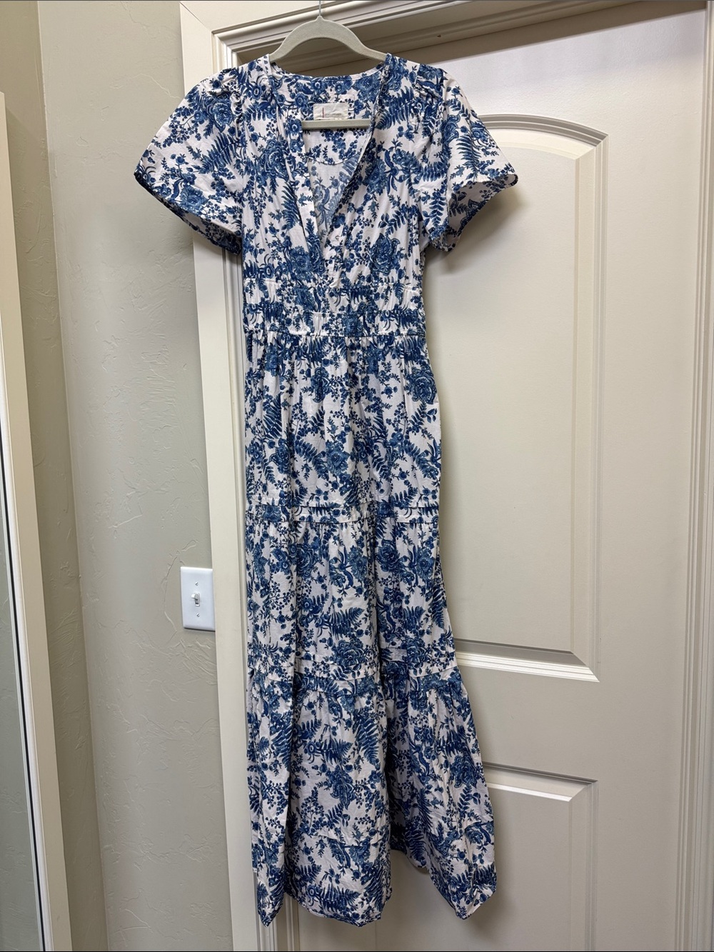 Anthropologie Blue Floral V-Neck Maxi Dress